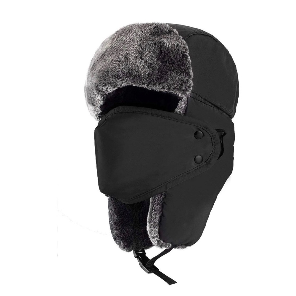 Black Gray Faux Fur Trapper Hat Face Mask Wind Shield